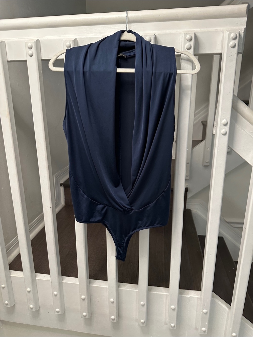 Shinestar Navy Draped V-Neck Bodysuit